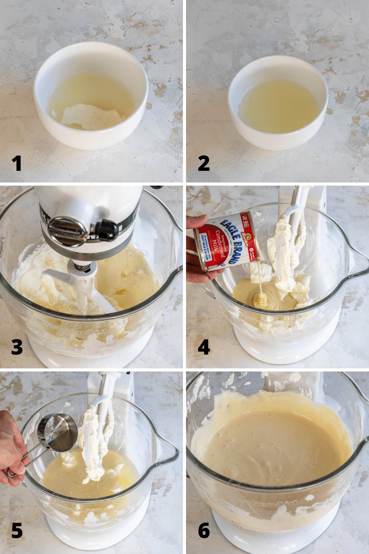 pictures showing how to make cheesecake batter.