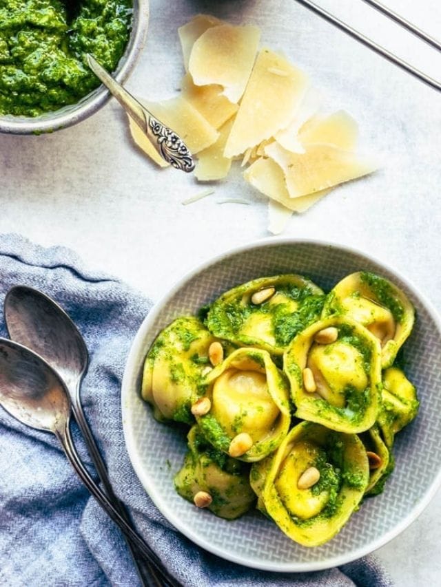 Ricotta Asiago Tortellini With Spinach And Garlic Scapes Pesto Story