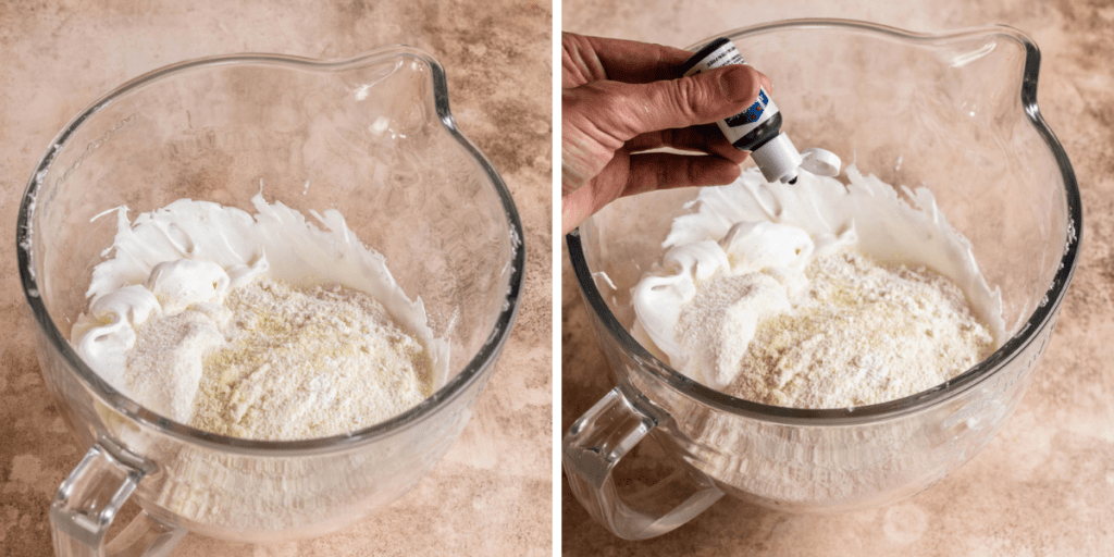 adding sifted almond flour and powdered sugar to a bowl, and then adding food coloring.