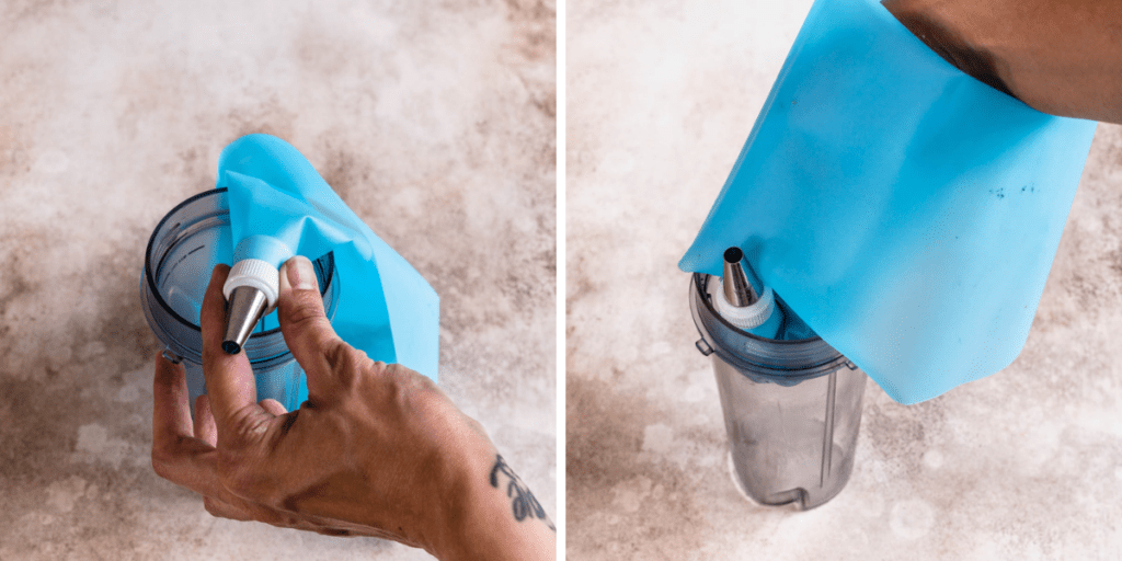placing a piping tip fitted with a round tip inside of a cup.
