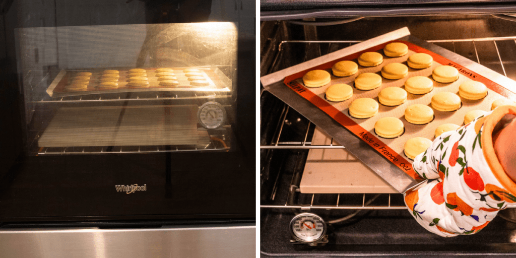 baking macaron shells in the oven and rotating the tray.