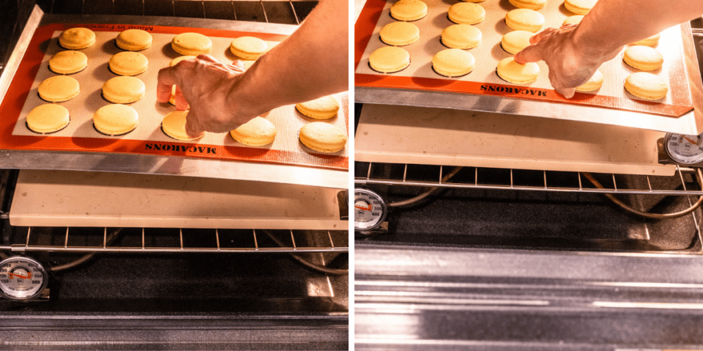 touching the macarons to check if they are done baking.