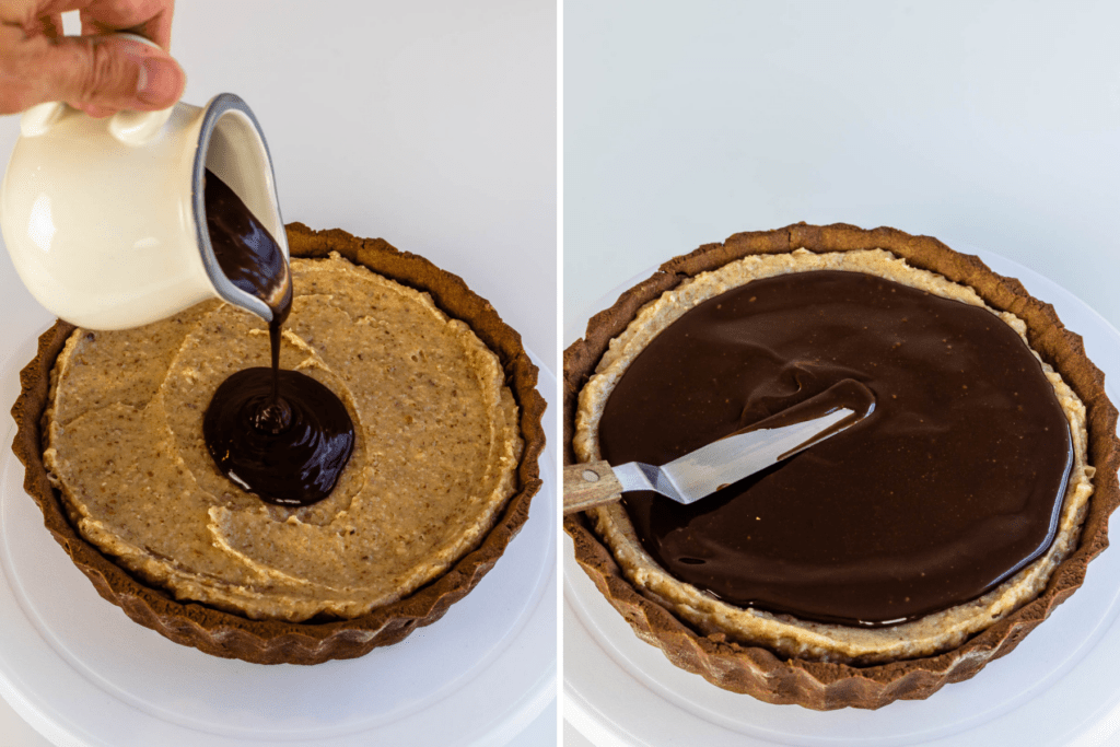 pouring ganache over a pie and spreading it with a spatula.