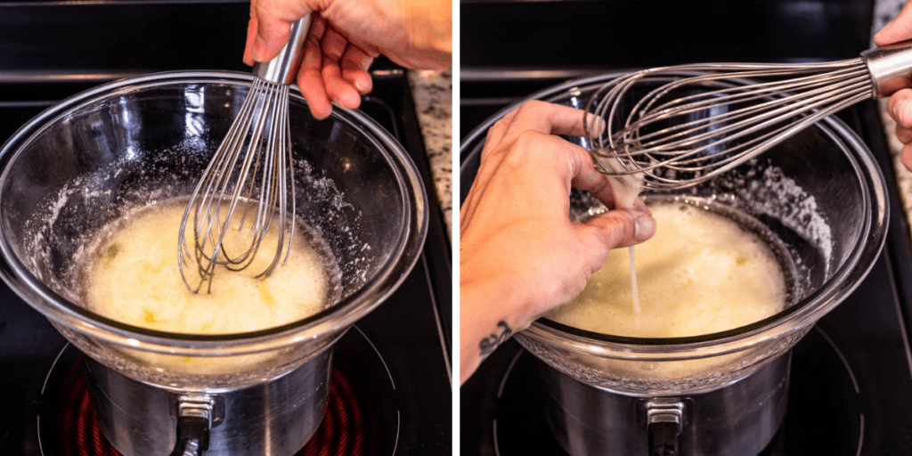whisking egg whites and sugar over a double boiler to make swiss meringue macarons.