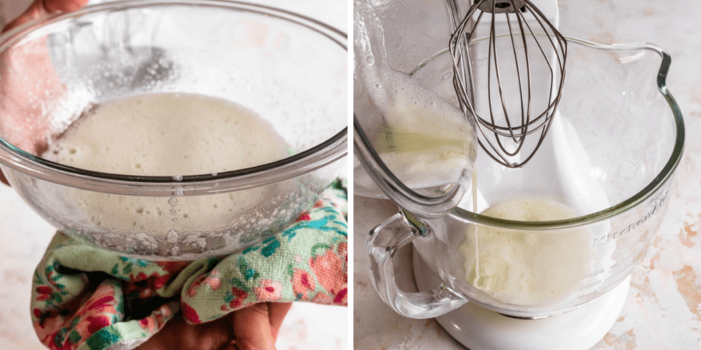 pouring egg white and sugar syrup in a mixer bowl.