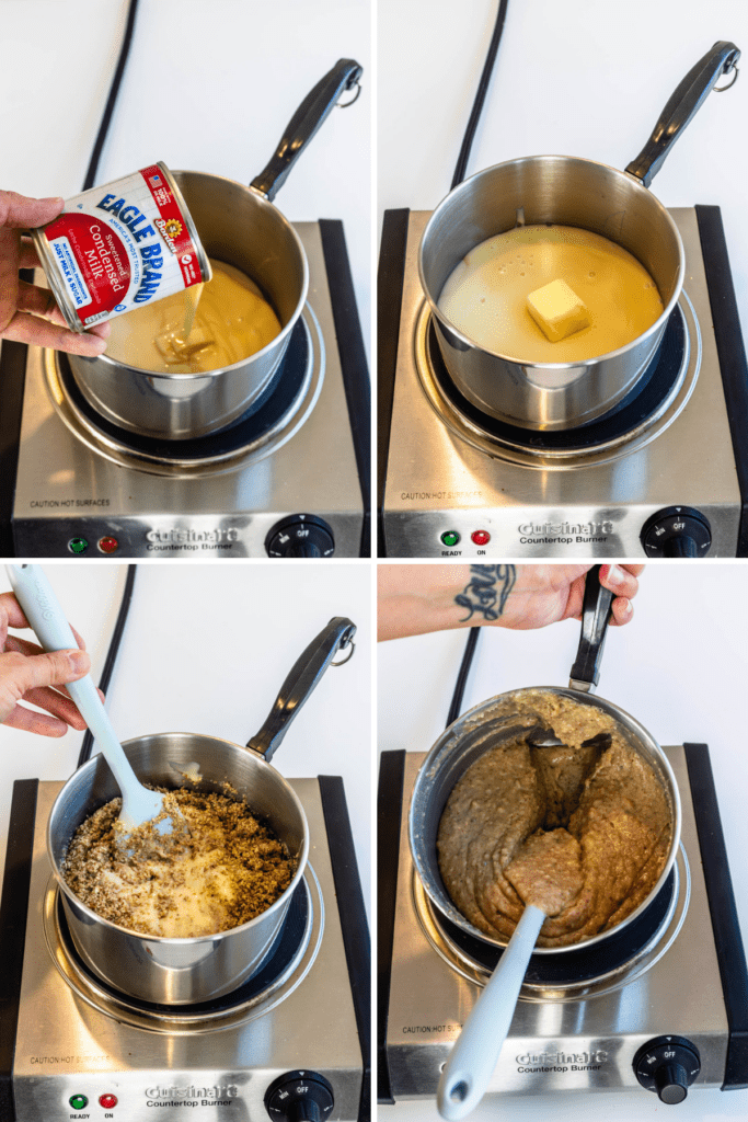 pictures showing how to make pecan fudge filling for pie.