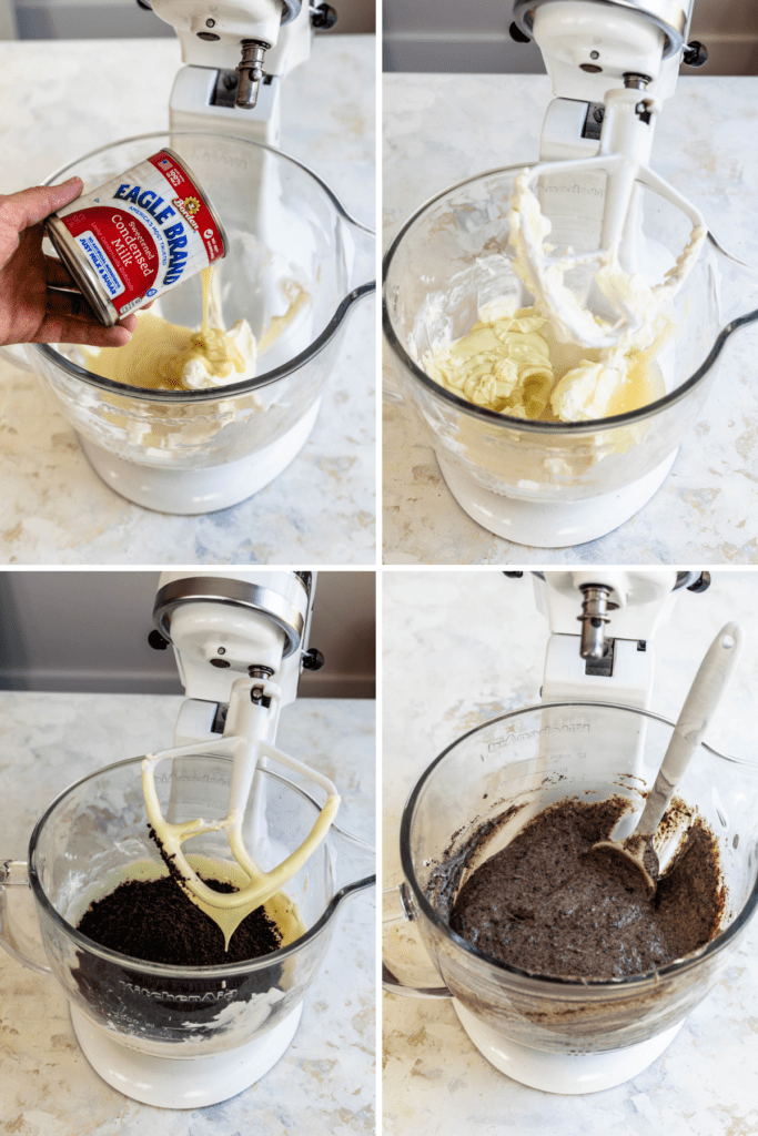 pictures showing how to make cookies and cream cakesicles.