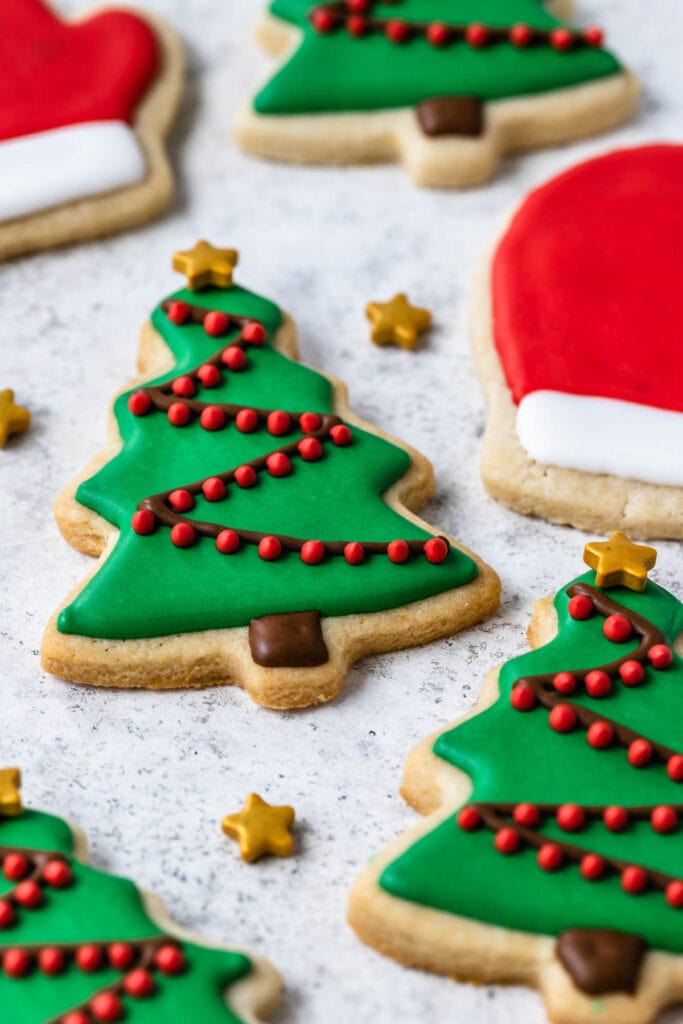 Christmas Sugar Cookies decorated as christmas trees.