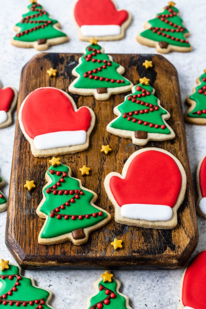 christmas tree cookies and oven mittens.