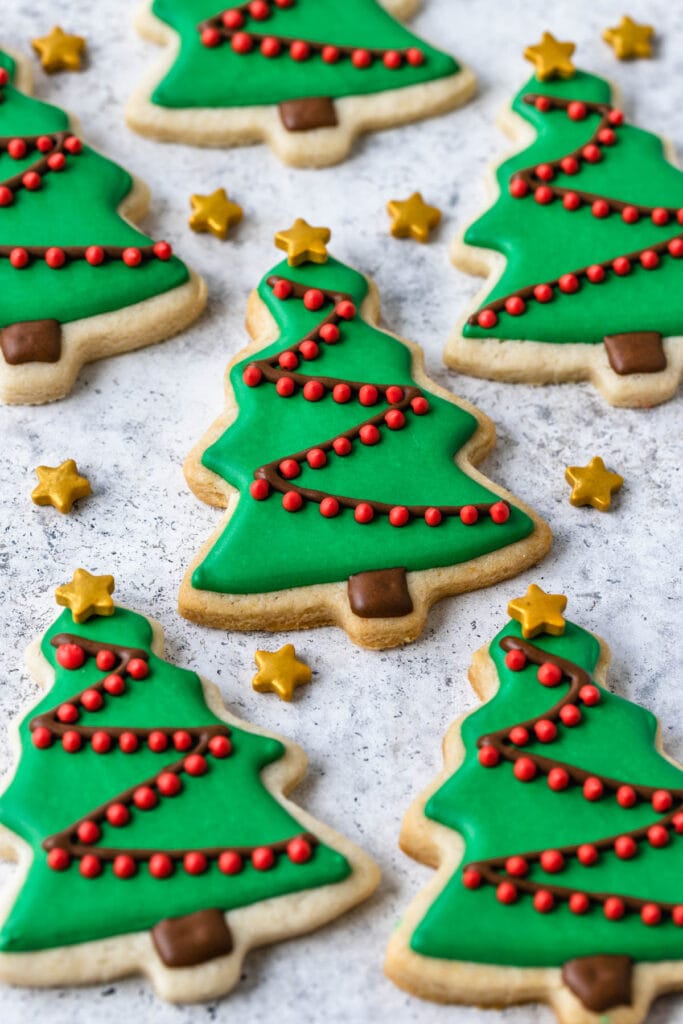 Christmas Sugar Cookies decorated as christmas trees.