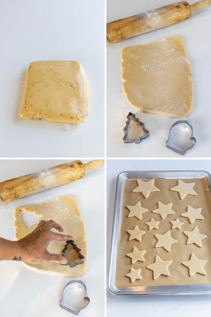 pictures showing rolling out cookie dough, cutting into shapes, and placing on top of a baking sheet.