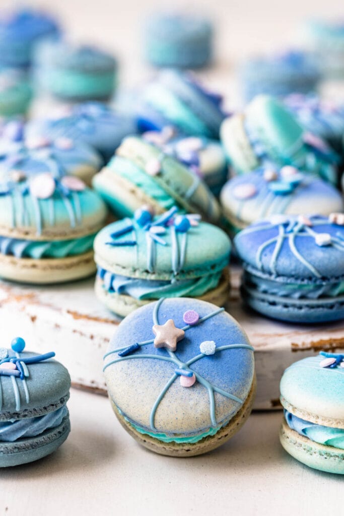 White Chocolate Macaron Filling in blue and periwinkle macarons.