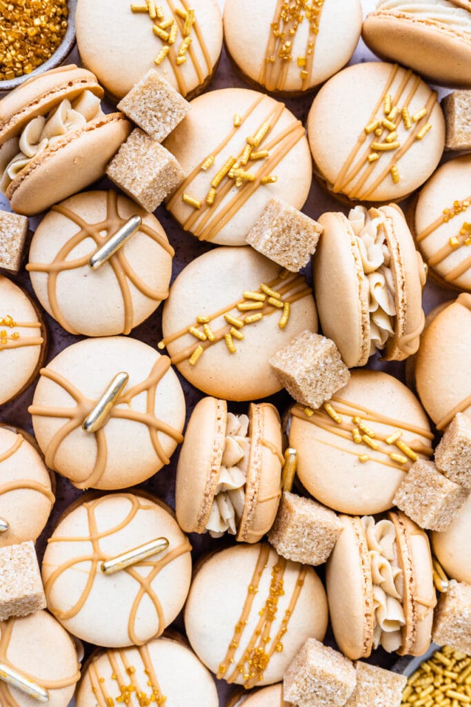 Brown Sugar Macarons topped with golden decorations.