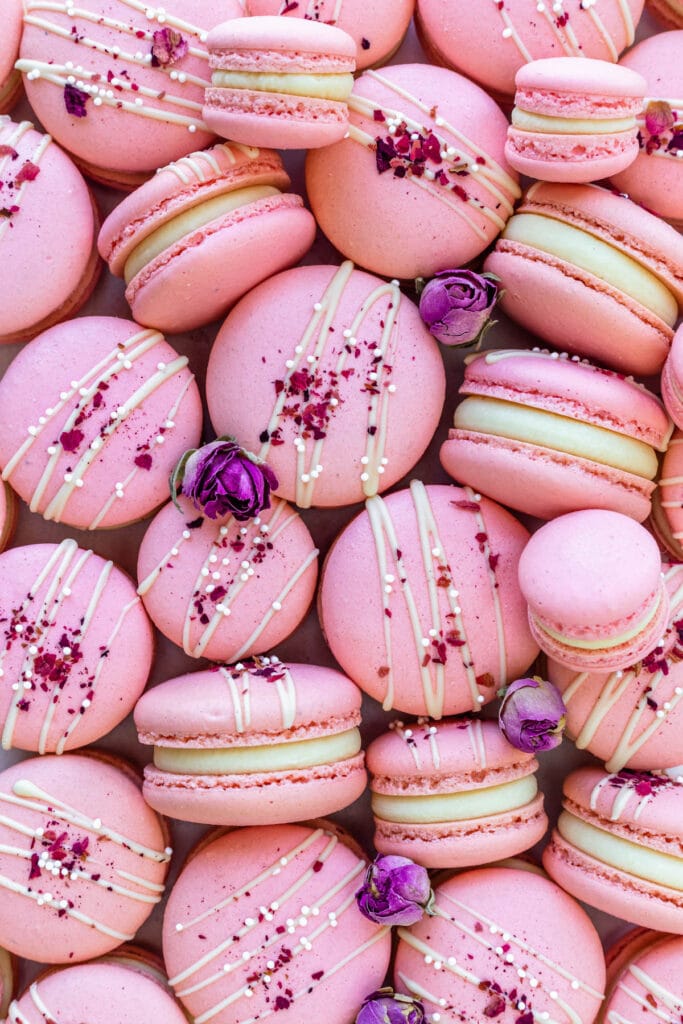 Rose Macarons filled with Rose Ganache.