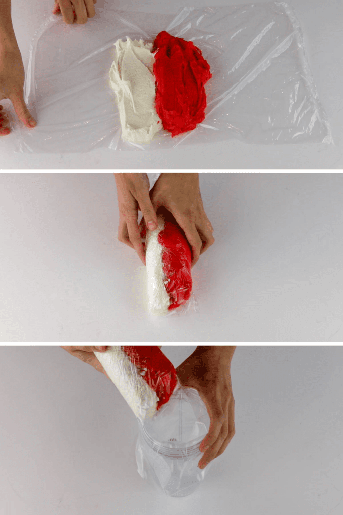 wrapping a bicolor frosting in plastic wrap.