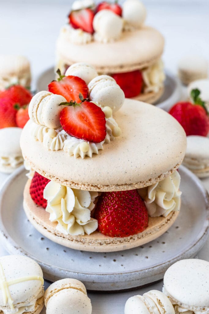 Giant macaron filled with strawberries and swiss meringue buttercream.
