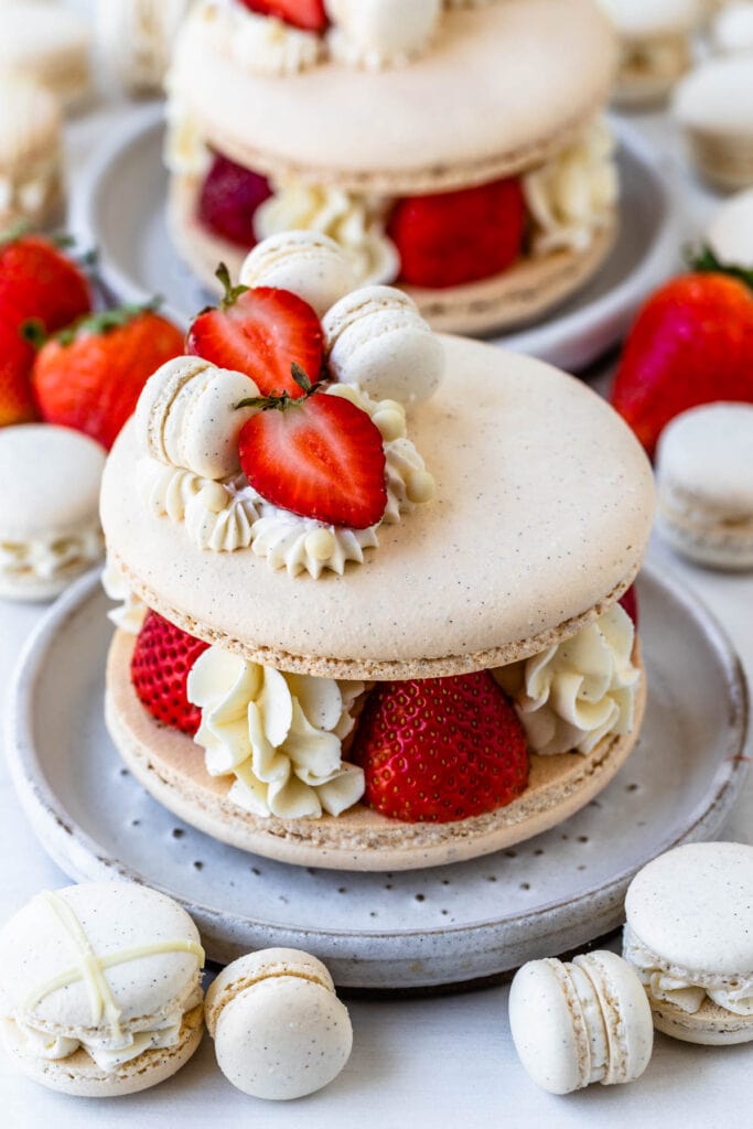 Giant macaron filled with strawberries and swiss meringue buttercream.