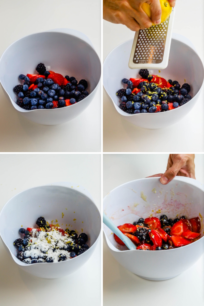 berries in a bowl, with added lemon zest, cornstarch, and then mixed together to make galette filling.
