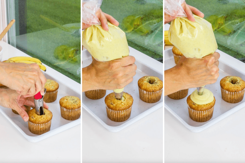 taking off the center of banana cupcakes, filling with banana pudding.