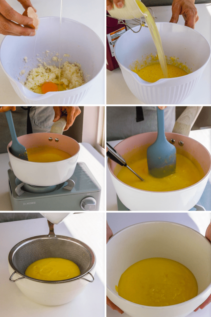 pictures showing how to make lemon curd, whipping the butter with sugar, eggs, lemon juice, and lemon zest, then cooking in the pan, straining it into a bowl.