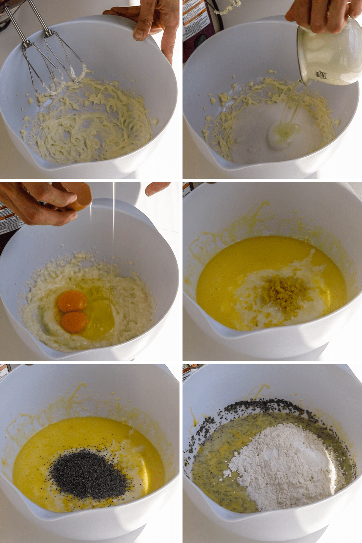 pictures showing how to make lemon poppy seed cupcakes, beating the butter, beating the butter with sugar and oil, adding the eggs in, then the milk, lemon zest, lemon juice, poppy seeds, and flour.