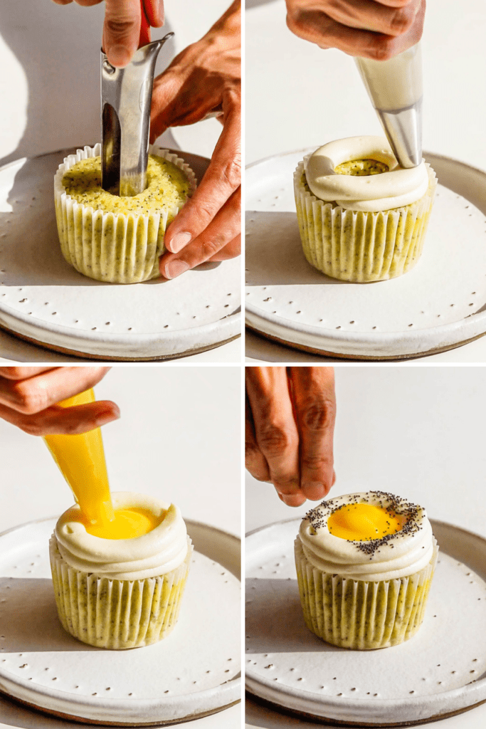 picture showing how to assemble lemon poppy seed cupcakes.