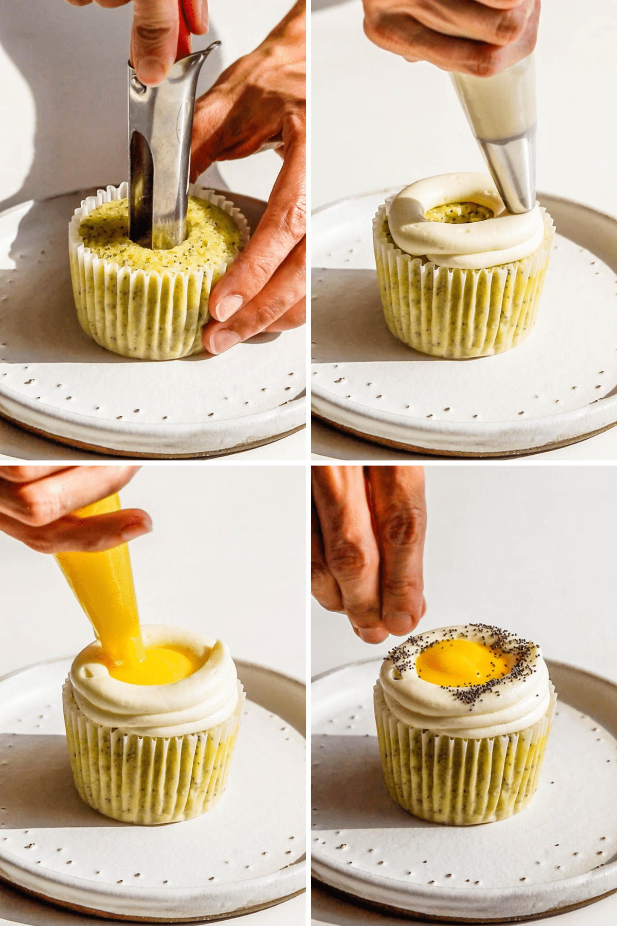picture showing how to assemble lemon poppy seed cupcakes.