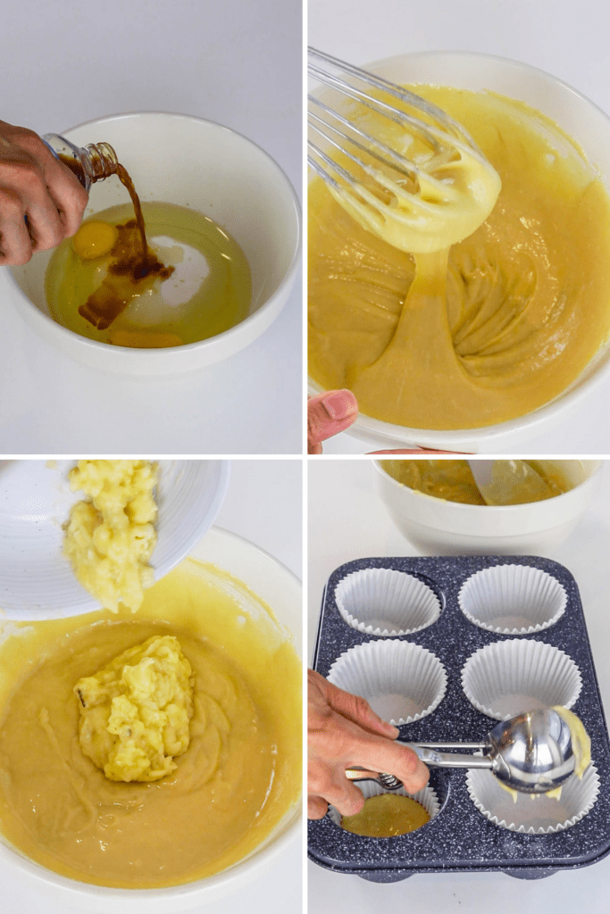 making banana cupcake batter.
