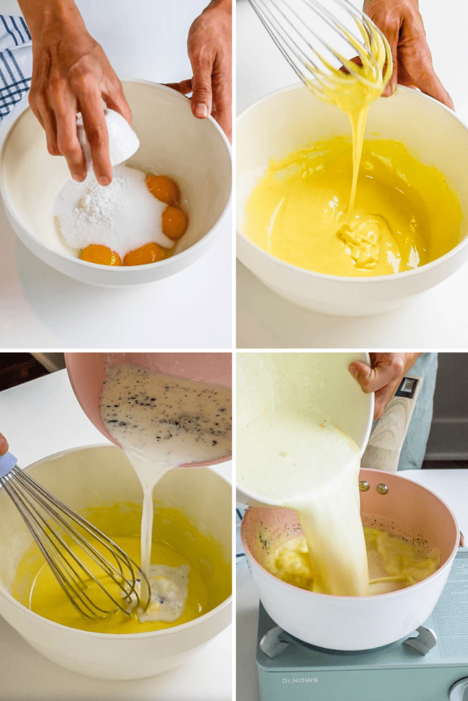 whisking the yolks and adding sugar and milk to make pastry cream.