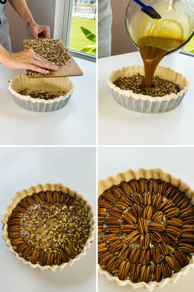 pictures showing how to assemble pecan pie. adding pecan nuts to a tart pan lined with a pie crust, then adding the filling syrup on top, and topping with more halved pecans.