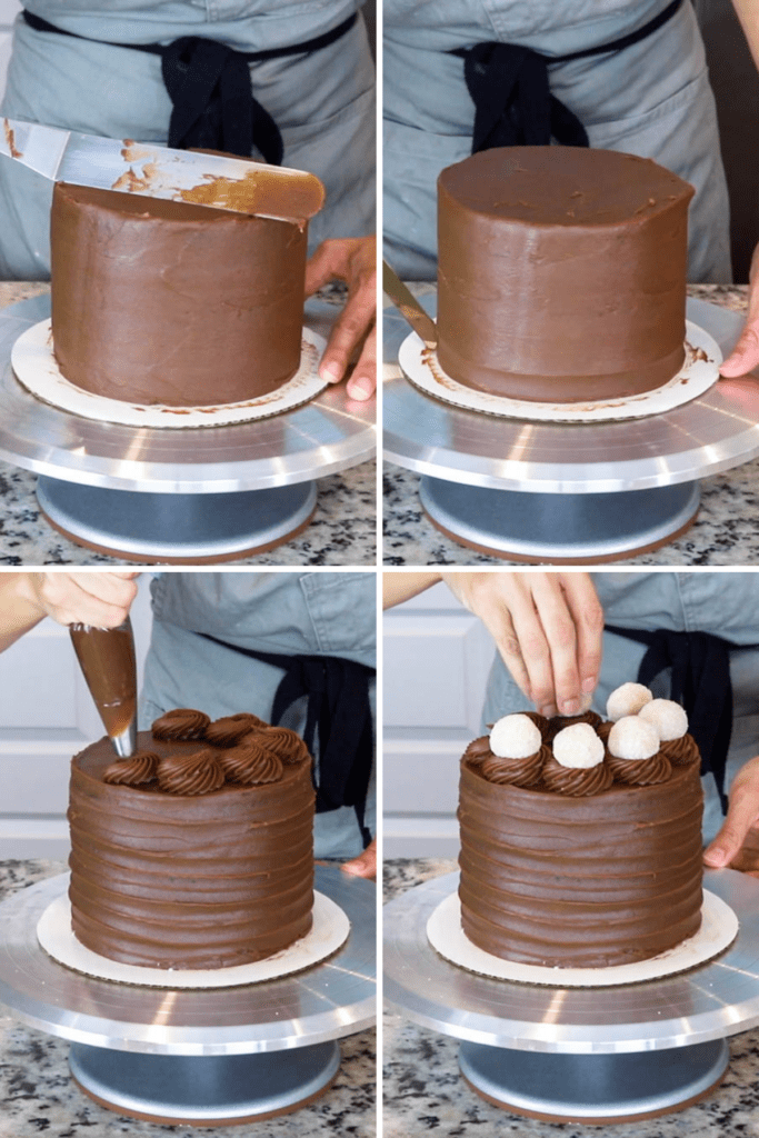 four pictures showing cake assembling. first picture using an offset spatula to smooth out the top of the cake. second picture showing how to make the decoration on the sides of the cake. third picture showing the piping of brigadeiro on top of the cake. fourth picture showing placing the coconut brigadeiro balls on top of the cake.