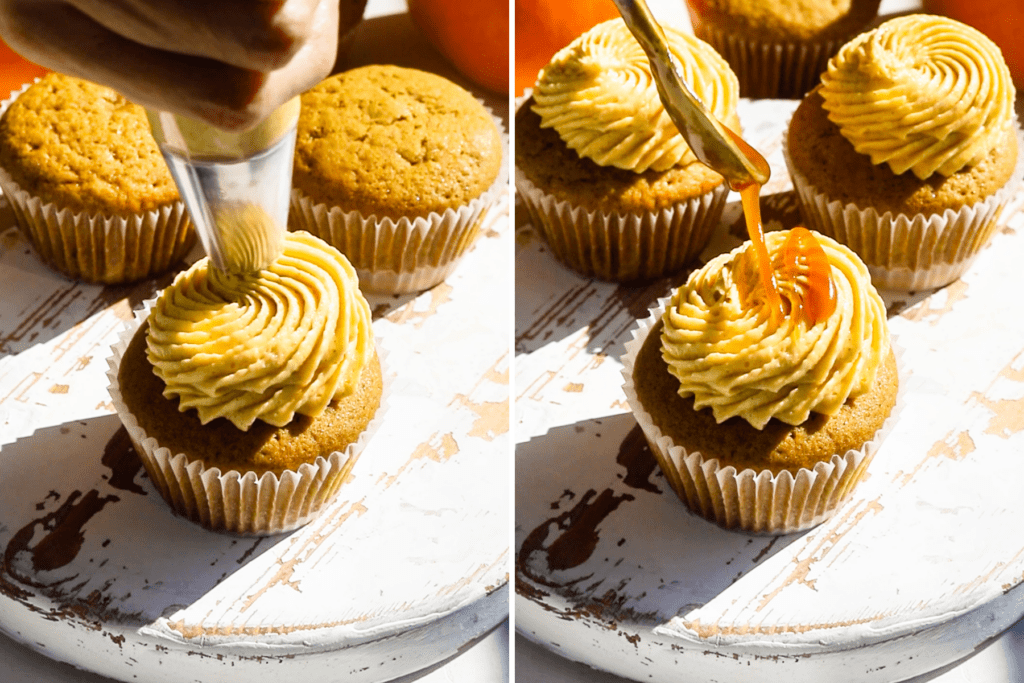 frosting cupcakes with brown butter frosting and adding caramel sauce on top.