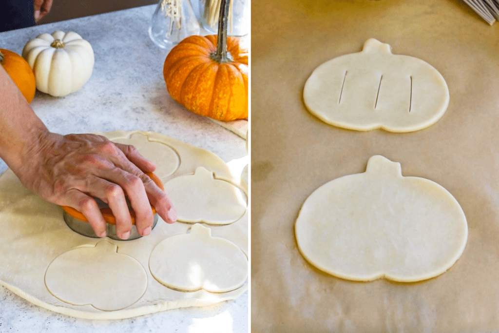 cutting out pumpkin shaped pie dough.