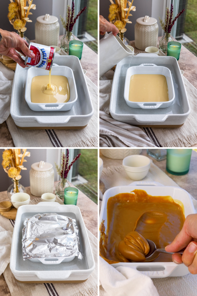 showing how to make dulce de leche by baking the contents of a can of sweetened condensed milk.