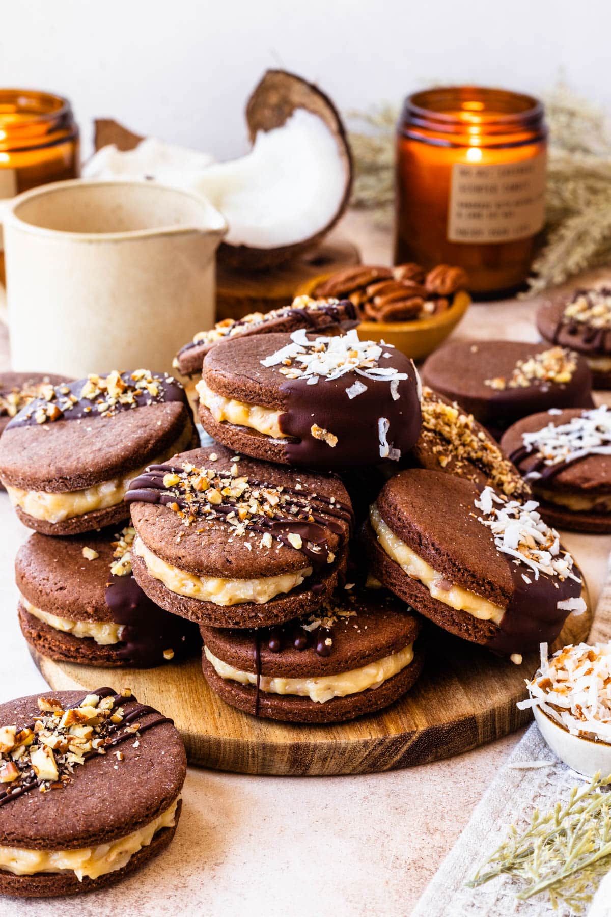 german chocolate cookies with coconut or chopped pecans on top.