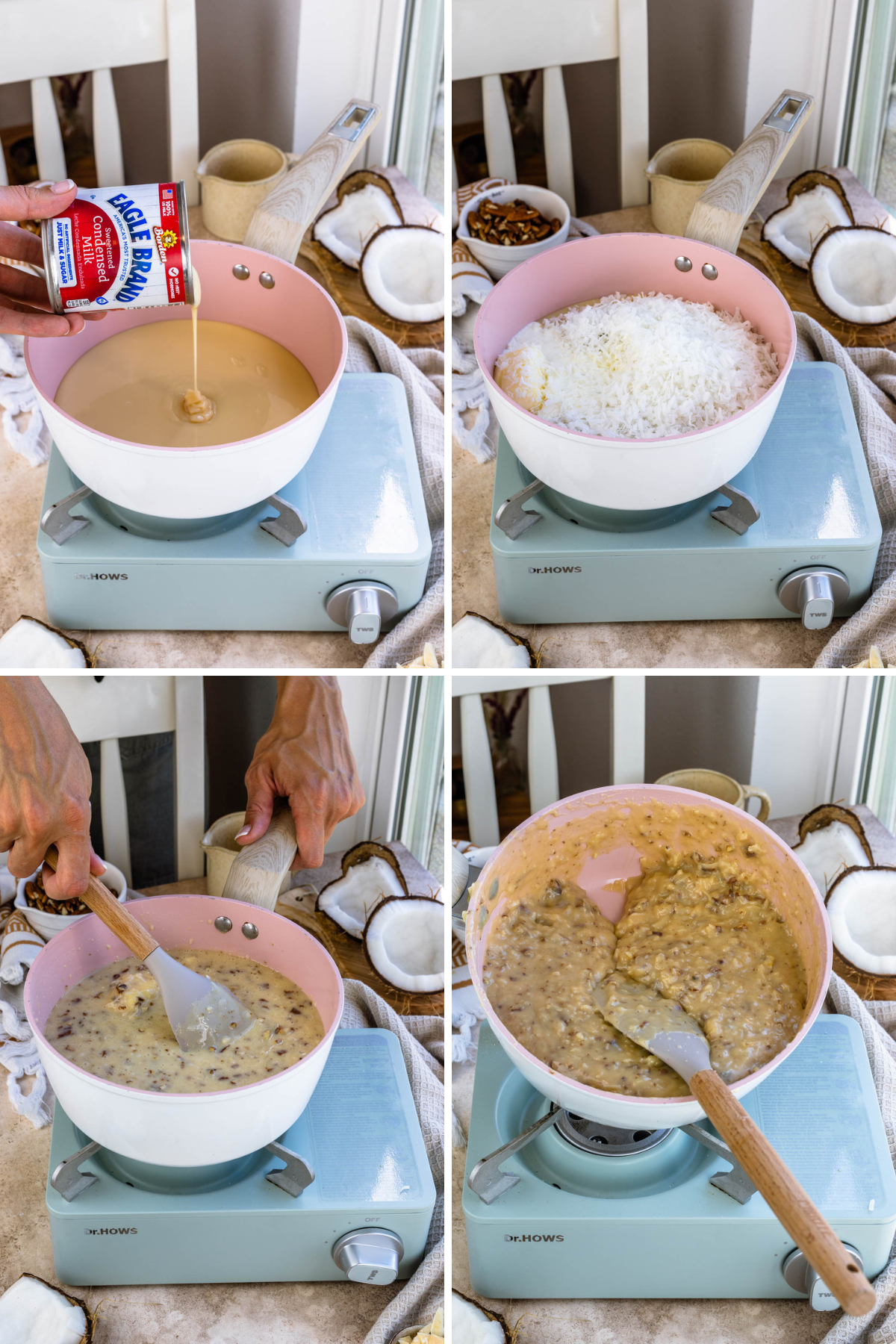 making coconut pecan filling for german chocolate cookies.