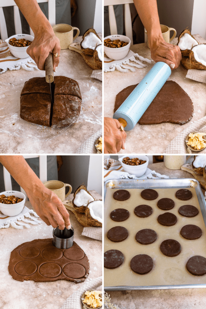 rolling out chocolate cookie dough.