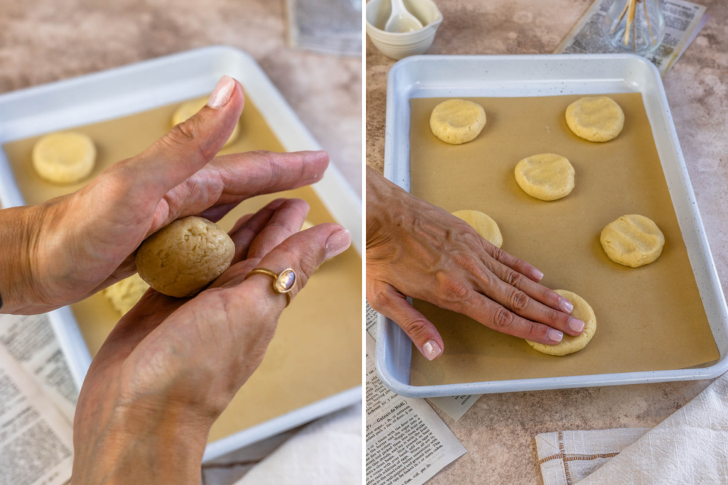 rolling cookie dough between hands, pressing down on cookie dough ball to flatten it.
