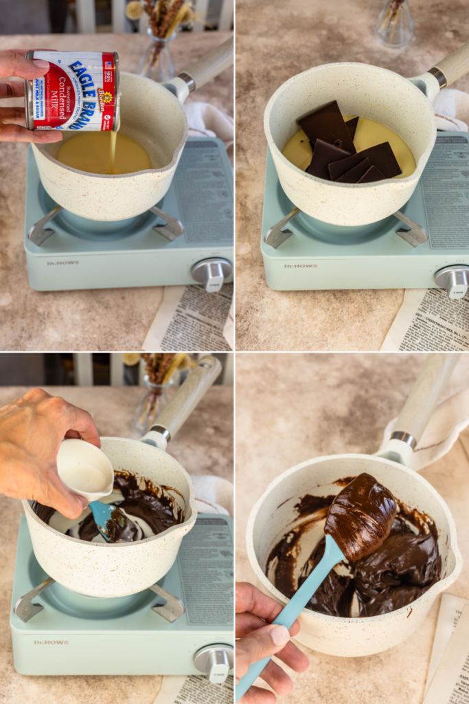 making a chocolate glaze on a mini stove using sweetened condensed milk.