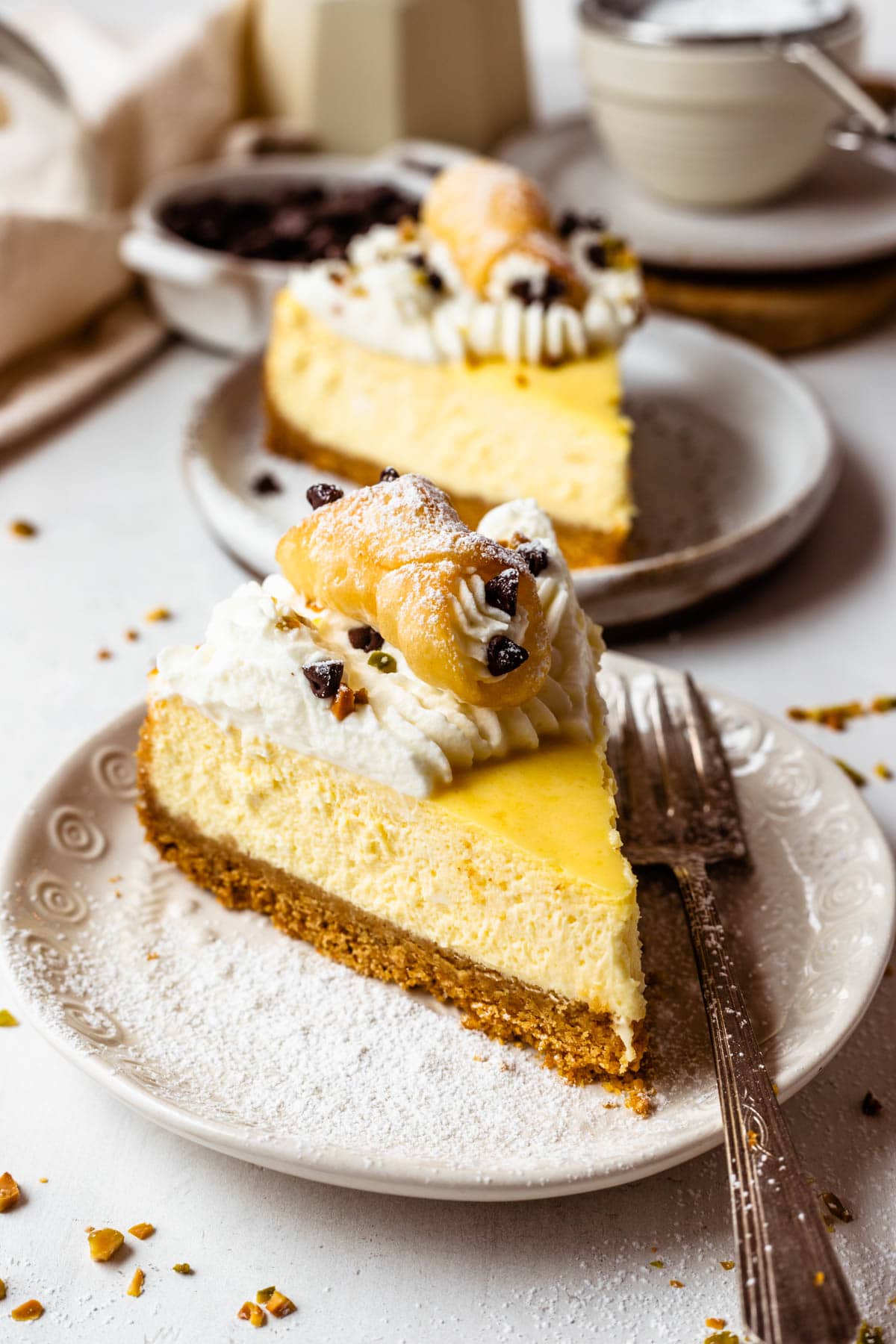 slice of cannoli cheesecake.