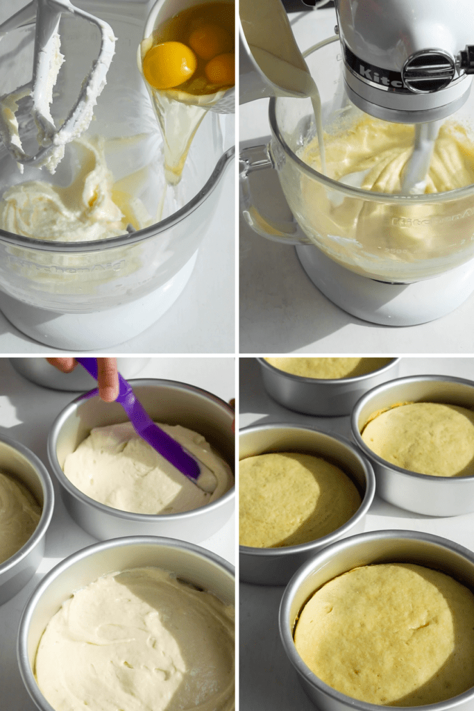 making almond cake batter, adding eggs, adding buttermilk, and smoothing the batter with a spatula.