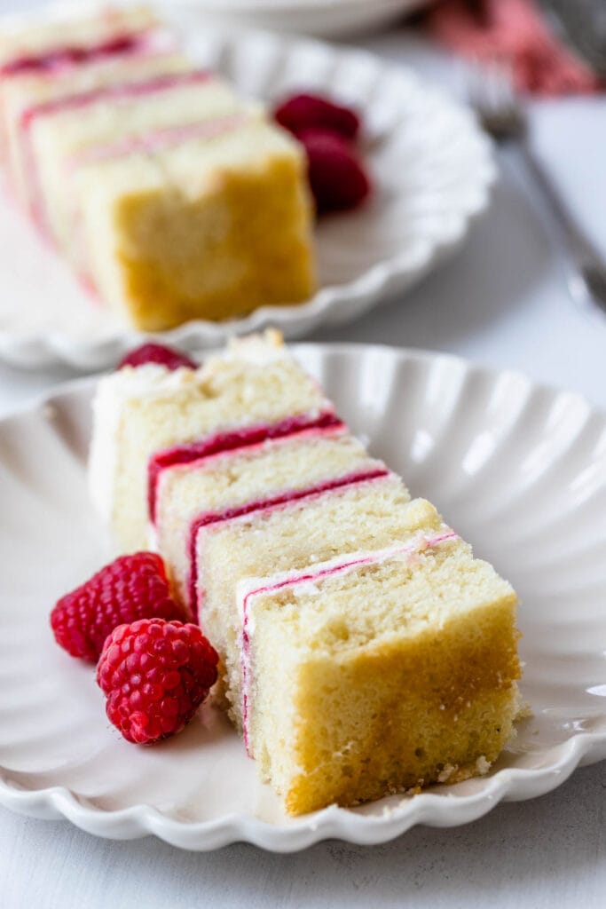 slice of almond raspberry cake.