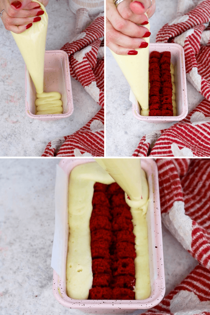 assembling cake with heart in the center.