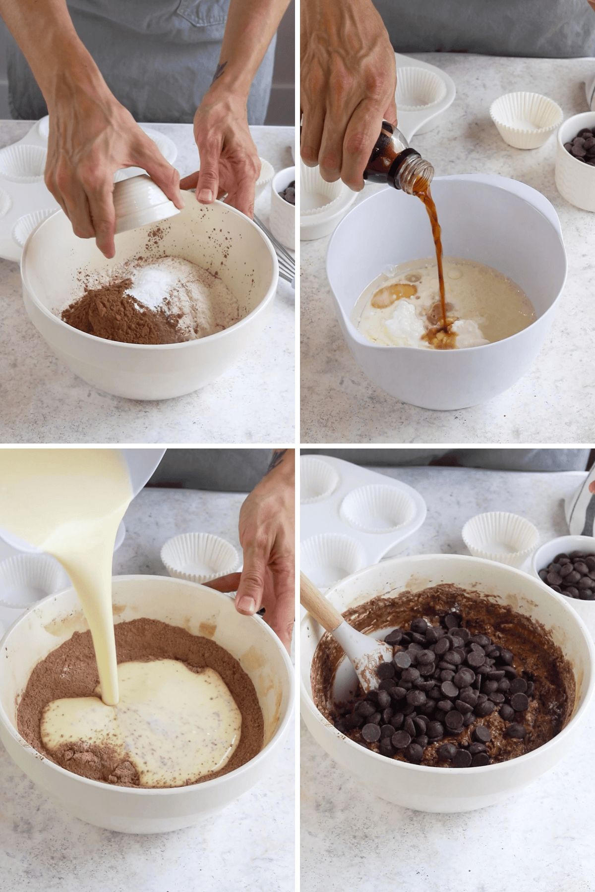 In this process of making double chocolate muffins, the first image shows dry ingredients, including flour, cocoa powder, baking soda, and baking powder being added to a mixing bowl. The second image displays liquid ingredients like eggs, vegetable oil, sour cream, and vanilla extract being poured into another bowl. In the third image, the liquid mixture is being combined with the dry ingredients, and in the final image, chocolate chips are added to the batter as the mixture is stirred to incorporate all the ingredients evenly.