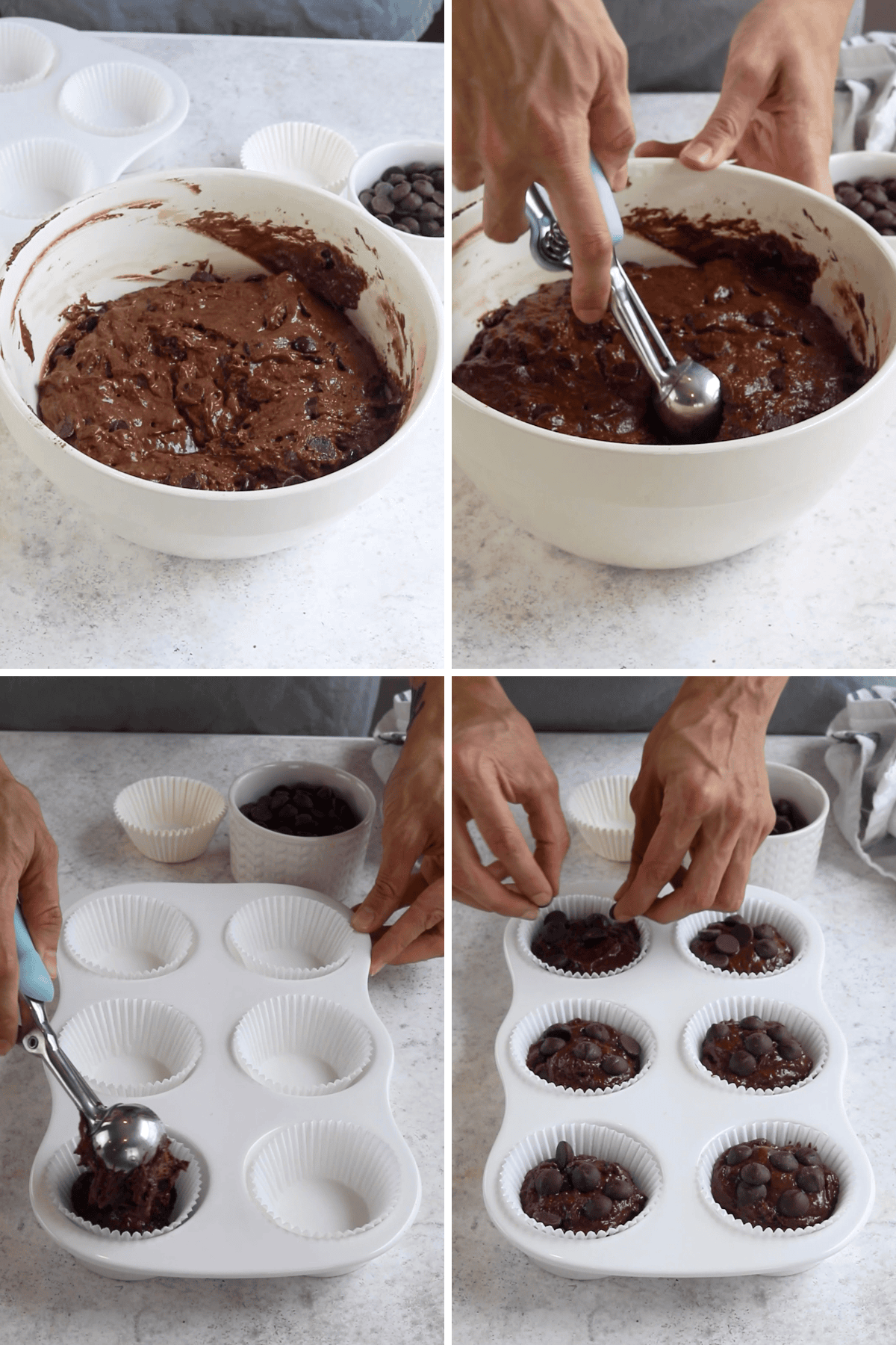 In this process of making double chocolate muffins, the first image shows the chocolate batter mixed and ready in a large bowl. The second image depicts a scoop being used to portion out the batter, ensuring equal muffin sizes. The third image highlights muffin liners being placed into a muffin tin, preparing for the batter. In the final image, the batter is spooned into the liners, and additional chocolate chips are being added on top, ready to be baked for an extra chocolatey finish.