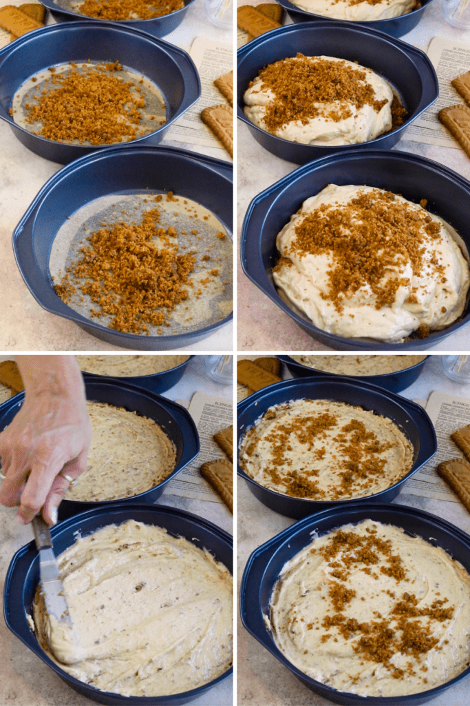 assembling biscoff cake layers.