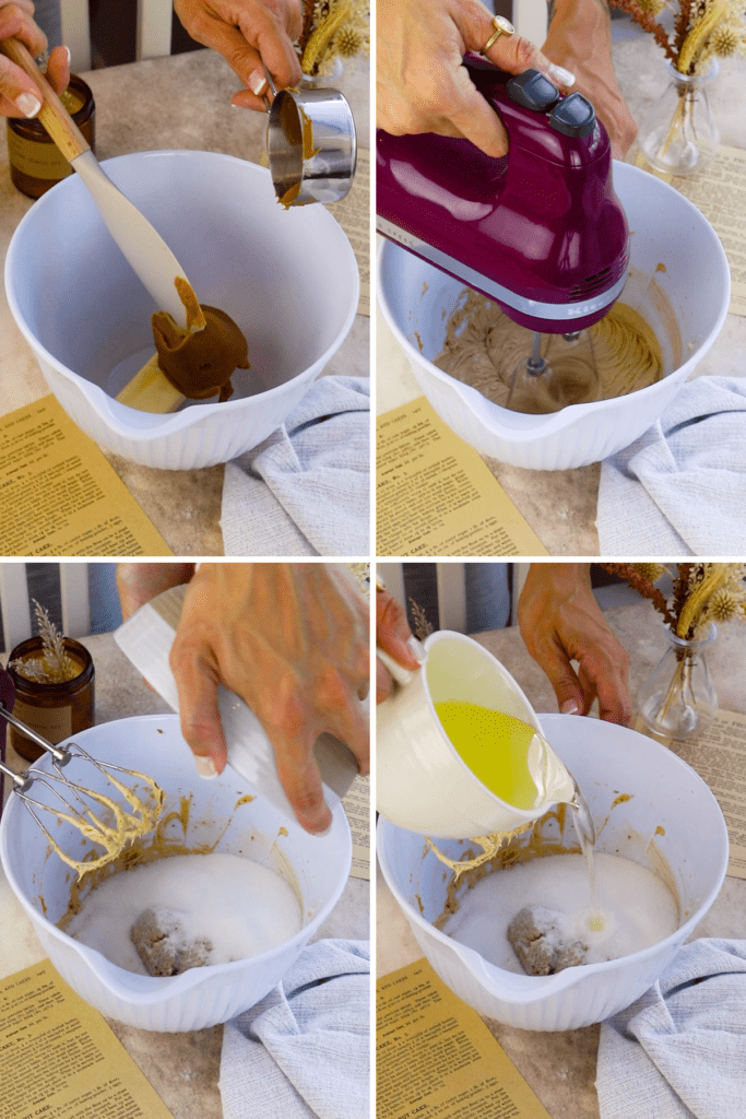 making biscoff cake layers, adding biscoff to butter, and adding sugar and oil.