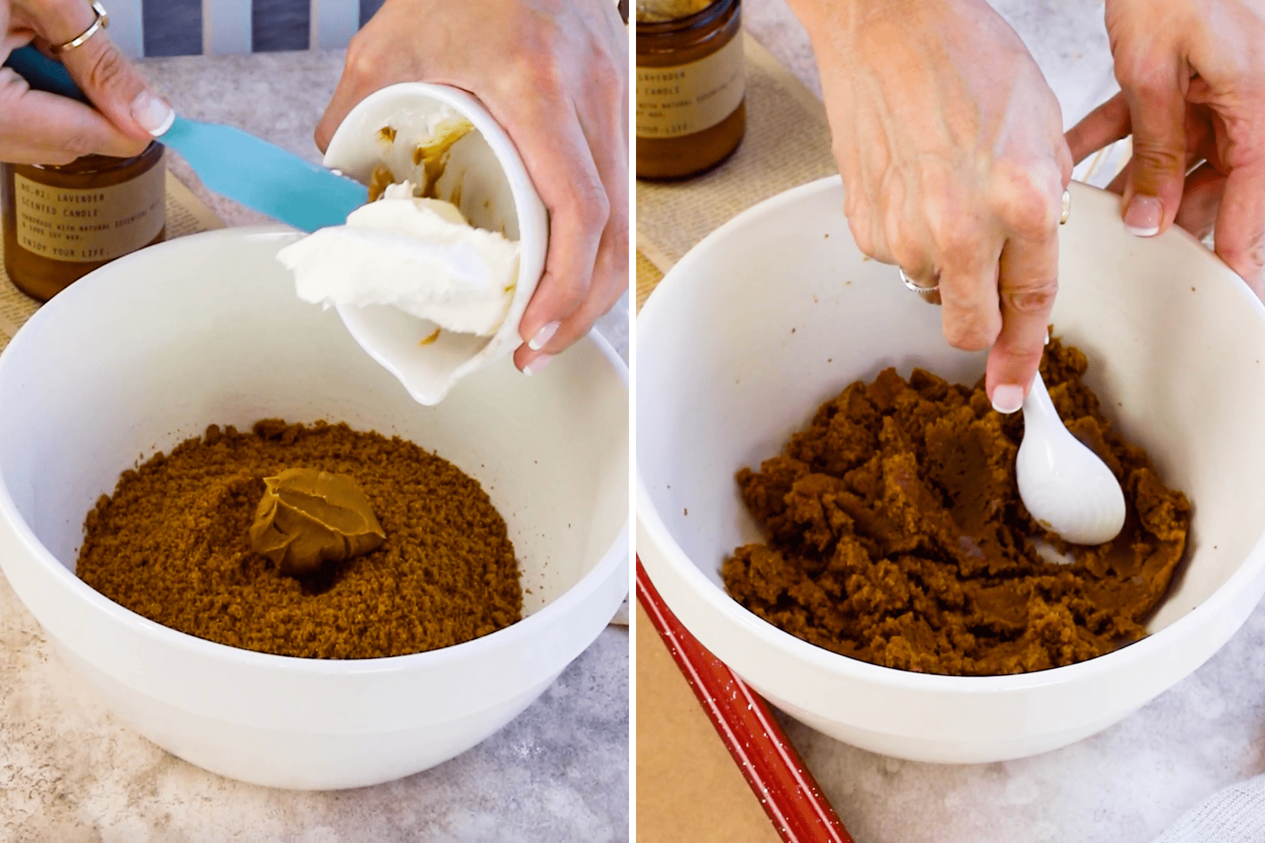 mixing biscoff crumbles with cream cheese and cookie butter.