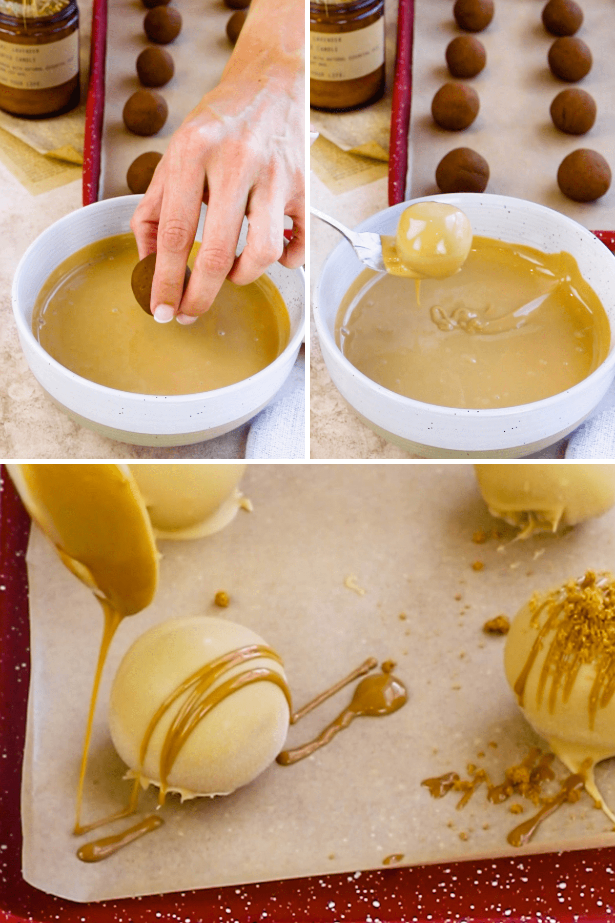 dipping truffles in melted chocolate.