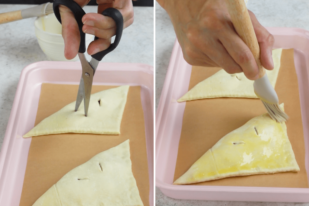 cutting the top of cherry turnovers with scissors